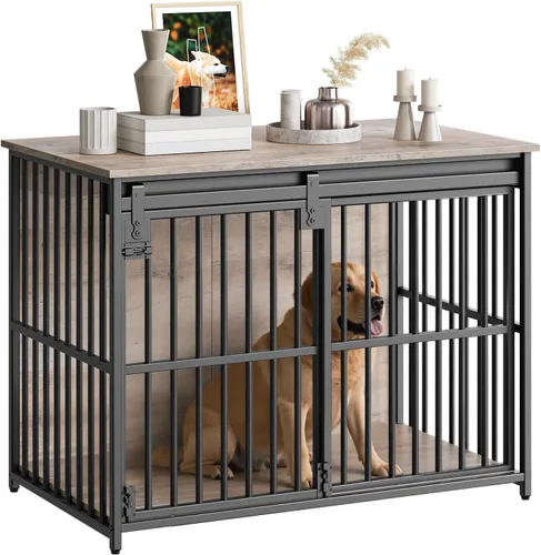 Vista 10 de HOOBRO Mueble de jaula para perros, perrera resistente de 36.6" con puerta de granero deslizante, jaula de madera para perros para interiores, mesa