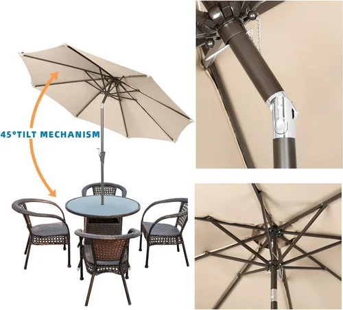 Vista 3 de Sombrilla de patio de 9 pies para exteriores, sombrilla de mercado con botón de inclinación y manivela para elevar, 8 varillas (beige)