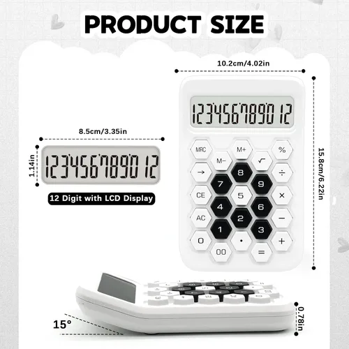 Vista 2 de Calculadora de oficina básica con pantalla LCD grande de 12 dígitos estándar blanca con botón hexagonal, suministros de oficina blancos y accesorios