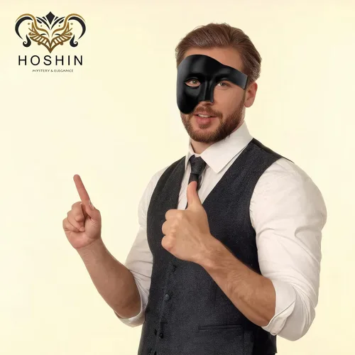 Vista 6 de Hoshin - Máscara para baile de máscaras, decoraciones de Mardi Gras de media cara, máscaras venecianas para hombre Negro
