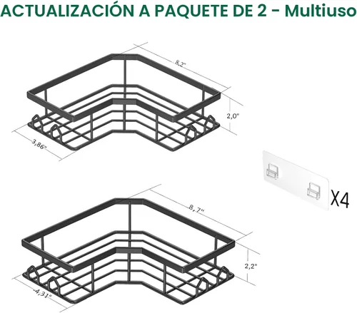 Vista 2 de Organizador de ducha adhesivo, paquete de 2 organizadores de baño esquineros, estantes de ducha de acero inoxidable a prueba de óxido con gran