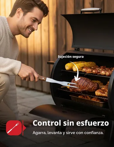 Vista 4 de Juego de herramientas profesionales para barbacoa de madera de acacia (3 piezas) – Kit de accesorios de parrilla de acero inoxidable resistente
