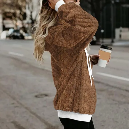 Vista 6 de Sudaderas con capucha para mujer con cremallera de gran tamaño, de forro polar, con estampado de moda, sin botones, con bolsillo, Rosado
