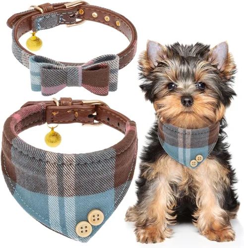 Vista 7 de EXPAWLORER Juego de collar y correa para cachorros, collar clásico a cuadros para perros pequeños con corbatín, bonito juego de collar y correa