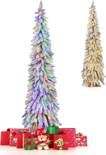 Vista 13 de GOFLAME Árbol de Navidad artificial preiluminado de 4 pies, árbol de Navidad delgado con nieve en forma de lápiz con luces LED multicolor y blanco