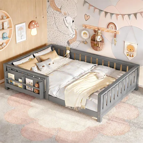 Vista 23 de Marco de cama Montessori Twin con estantería y barandillas, color beige