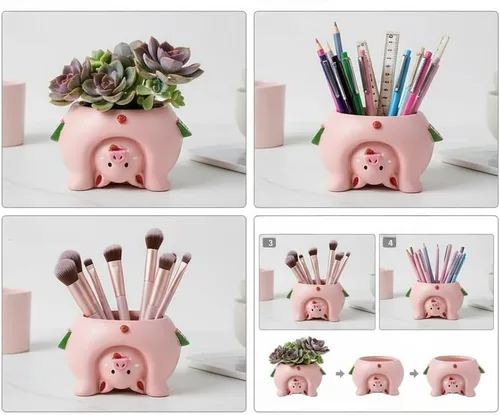 Vista 3 de Adorable Maceta para Suculentas en Forma de Cerdo con Orificio de Drenaje - Soporte para Lápices y Pinceles - Linda Maceta Decorativa de Resina