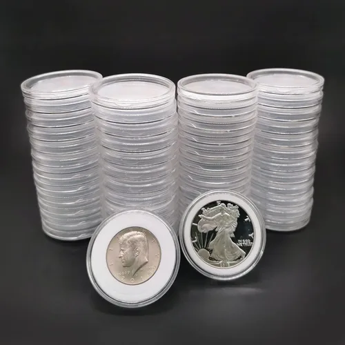 Vista 9 de 20 cápsulas de plástico transparente, caja de colección de monedas de 5 tamaños con junta ajustable para colección de monedas American Silver Eagle