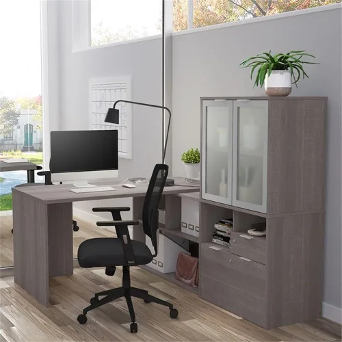 Vista 2 de Bestar i3 Plus Escritorio en forma de L de 72 W con puerta de vidrio esmerilado en corteza gris