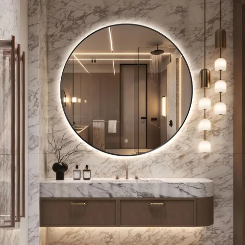 Vista 12 de Espejo de Baño LED Redondo de 24", Espejo de Tocador Retroiluminado Montado en Pared con Marco Biselado de 45°, Espejo Iluminado para Dormitorio