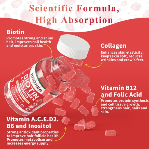 Vista 6 de Gomitas para el cabello, la piel y las uñas, 10000 mcg de biotina y colágeno para mujeres y hombres, suplementos vitamínicos que apoyan