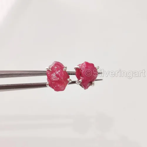 Vista 7 de AAA Rough Ruby Stud Earring, Natural Ruby Earring, July Birthstone, Womens Earring, 925 Sterling Silver, Christmas, Thanksgiving, Mens Studs