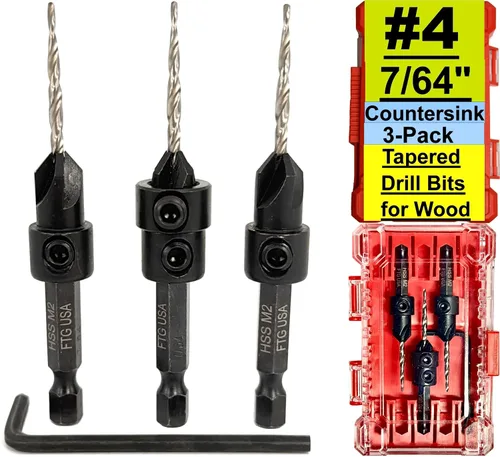 Vista 21 de FTG USA Juego de 3 brocas avellanadoras ajustables para madera #4 (7/64 pulgadas) con broca cónica para carpintería