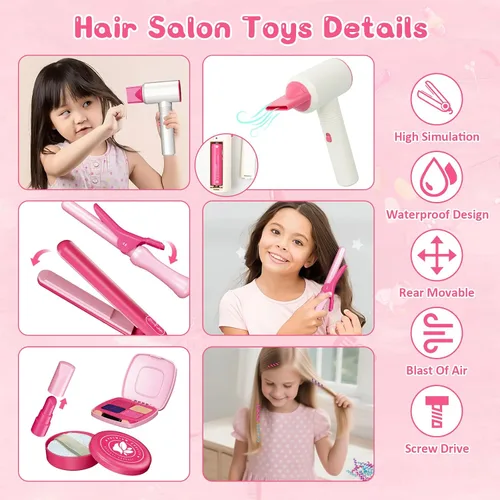Vista 6 de RedCrab Juguetes de peluquería para niñas, 45 piezas de peluquería con secador de pelo, peine, joyas brillantes para el cabello, juego de peinado