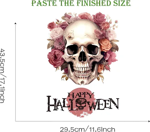 Vista 6 de Calcomanías de pared de calavera de flores de Halloween, calcomanías de pared de arte de terror de Halloween, vinilo extraíble para Halloween
