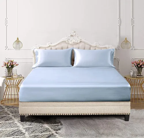 Vista 4 de SiinvdaBZX Juego de 3 piezas de sábana bajera de satén tamaño individual y 2 fundas de almohada, color azul bebé, sábana bajera suave y sedosa, sin