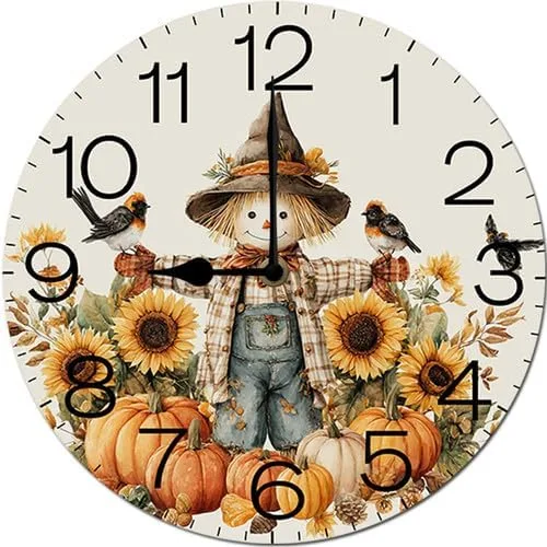 Vista 9 de Preciosas calabazas espantapájaros con hojas de otoño, reloj de cosecha de Hello Fall para sala de estar, reloj de pared redondo de 10 pulgadas