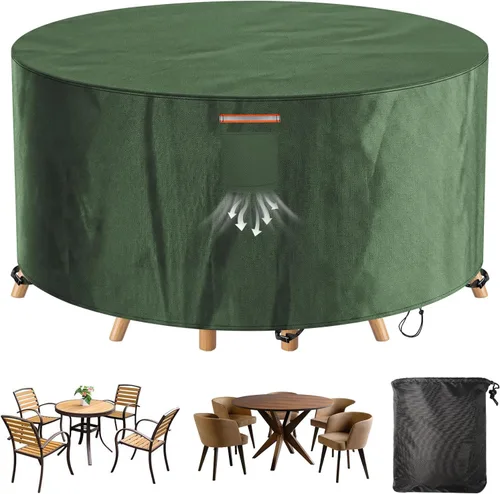 Vista 17 de Funda para silla de mesa redonda de 70 pulgadas, impermeable, 420D, resistente, resistente al viento, funda protectora para muebles de exterior Negro