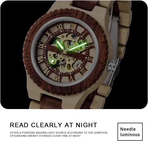 Vista 4 de Dentily Reloj de madera para hombre, triángulo, esqueleto automático, reloj mecánico de madera para hombre