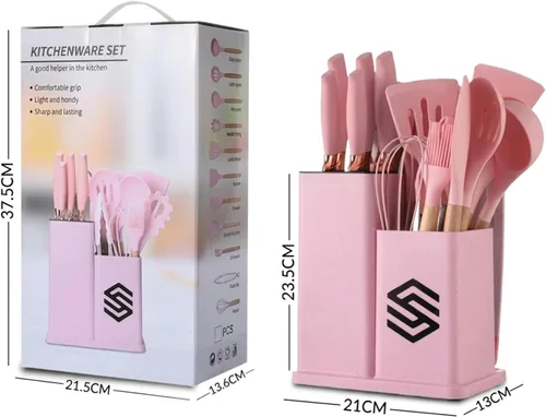 Vista 9 de 19 piezas de juego de utensilios de cocina de silicona rosa con mango de madera y juego de cuchillos, espátula antiadherente resistente al calor