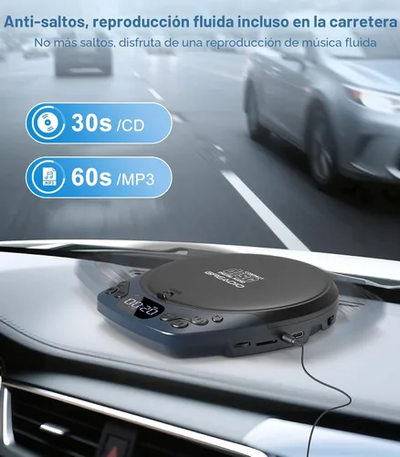 Vista 5 de Greadio - Reproductor de CD portátil con auriculares, reproductor de CD recargable para el hogar Azul