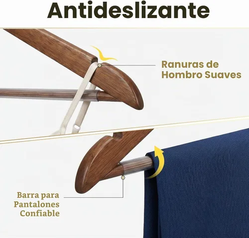 Vista 5 de HOUSE DAY Paquete de 10 perchas de madera resistentes para armario, colgador de madera con acabado liso con barra antideslizante para pantalones
