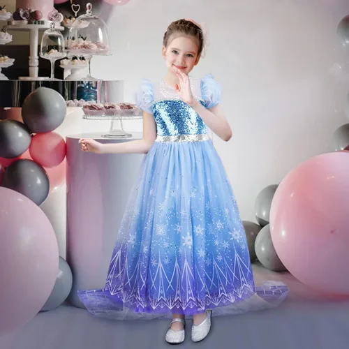 Vista 7 de Vestido para niñas, disfraz de Elsa para niños, vestido de princesa con lentejuelas, para fiesta de Halloween, Navidad, noche, desfile, Elsa