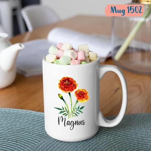 Vista 5 de Taza de cerámica de flor de caléndula personalizada, taza de café de flores con nombre personalizado, taza de café de flores lindas para amantes