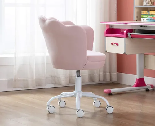 Vista 25 de Silla de escritorio de terciopelo para niños, bonita silla de computadora moderna tapizada, con brazo giratorio, silla de tocador ajustable