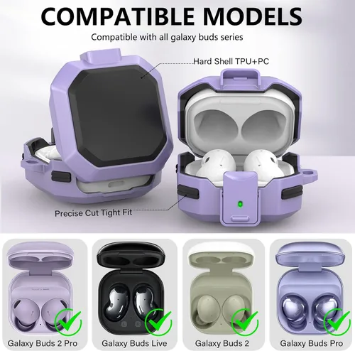 Vista 2 de Ekoonpft Funda para Samsung Galaxy Buds 2 Pro/Buds Pro/Buds Live/Buds 2/Galaxy Buds FE (2023), funda Pruple con bloqueo anticaída, bonito dije