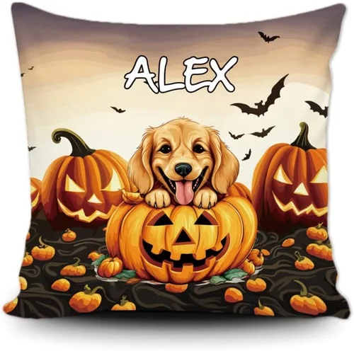 Vista 14 de Funda de almohada personalizada de Halloween, diseño de calabaza, lindo cachorro, funda decorativa de lona para sofá, 16 x 16 pulgadas, estampado