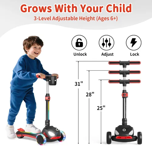 Vista 4 de 3-Wheel Electric Scooter for Kids Ages 4-8, 5 MPH, 3 Adjustable Heights Negro