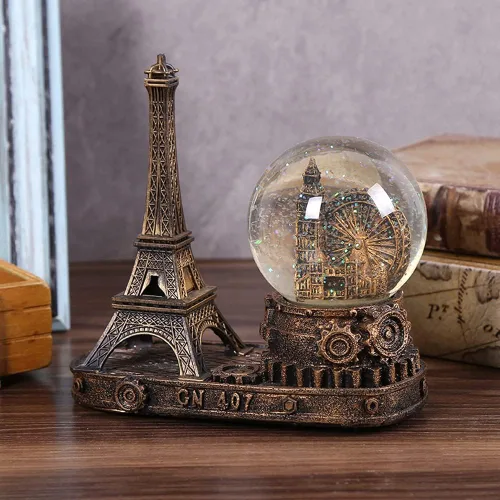 Vista 6 de Rueda de la fortuna antigua, coleccionable de globos de nieve, estatua de la torre Eiffel de París Francia, centro de mesa, decoración de escritorio