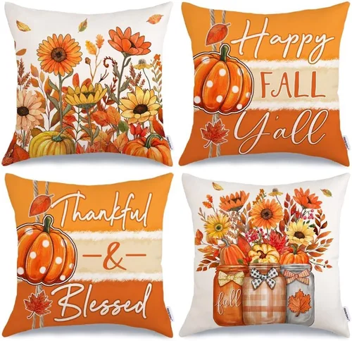 Vista 17 de GEEORY Juego de 4 fundas de almohada de camión de calabaza de otoño de 18 x Naranja y blanco