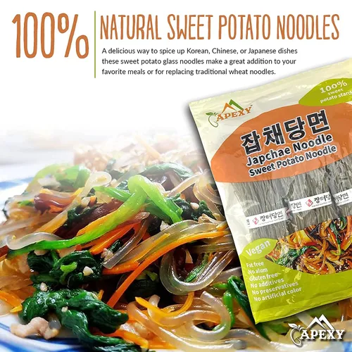 Vista 3 de APEXY Fideos de vidrio de batata, fideos japchae, pasta de fideos coreanos, sin grasa y sin gluten, 100% almidón de batata, sin aditivos, sin