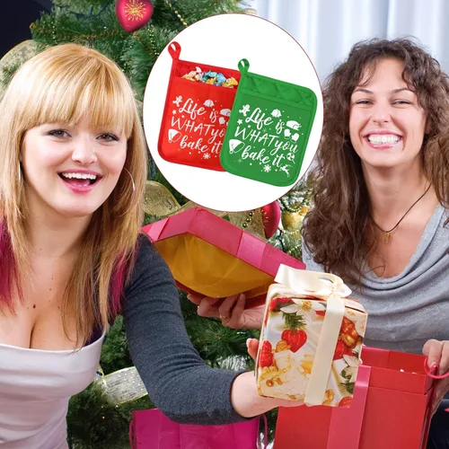 Vista 6 de 6 agarraderas de Navidad con bolsillo para cocina, almohadilla caliente, manoplas de horno de granja, bolsa de galletas para regalo de Navidad verde