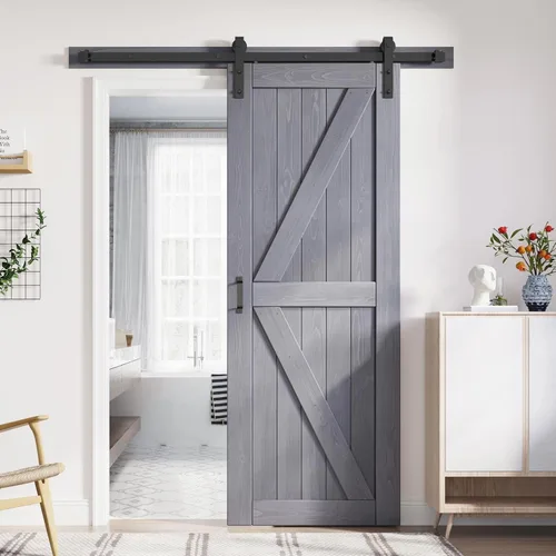 Vista 16 de FREDBECK Puertas dobles grises de 24 x 84 pulgadas, puerta de granero de 48 pulgadas con kit de herrajes para puerta de granero de 8 pies incluido