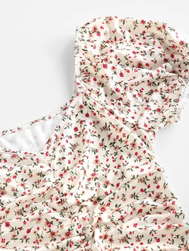 Vista 5 de ZAFUL Vestido corto de sirena fruncido con estampado Ditsy y mangas abombadas para mujer, con estampado floral de margaritas y hombros descubiertos