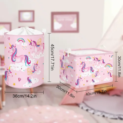 Vista 7 de Clastyle Adorable cesta de estante de unicornios rosados para niños, diseño de nube, corazón, arco iris, cesta de regalo rectangular para ropa