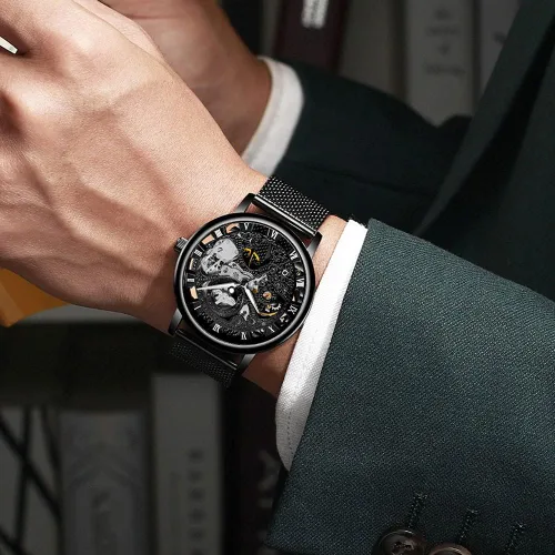 Vista 6 de Reloj de hombre con correa de acero inoxidablecorrea de malla reloj mecánico de esqueleto para hombre