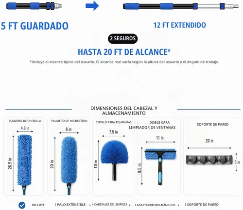 Vista 2 de Kits de plumero para techos altos de 20 pies con poste de extensión resistente de 5 a 12 pies - Limpiador de aspas de ventilador, removedor