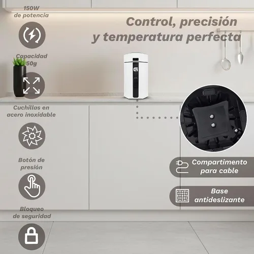 Vista 3 de Grunkel - Molinillo de café eléctrico MO-150BL con capacidad de 1.76 oz, cuchillas de acero inoxidable - Apto para nueces y especias - Blanco