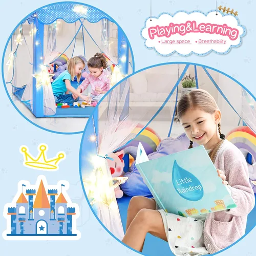 Vista 4 de Sumbababy - Tienda de campaña de castillo de princesa para niñas, de juego, hexagonal, azul, con luces de estrella de hadas, juguetes para niños