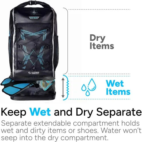 Vista 2 de Platinum Sun Dry Bag - Mochila impermeable de 40 L, resistente bolsa de playa enrollable con compartimento para cosas sucias para viajes
