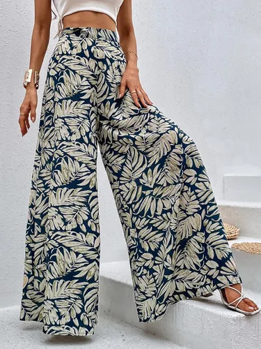 Vista 3 de WDIRARA Pantalones de pierna ancha y cintura alta con estampado tropical para mujer