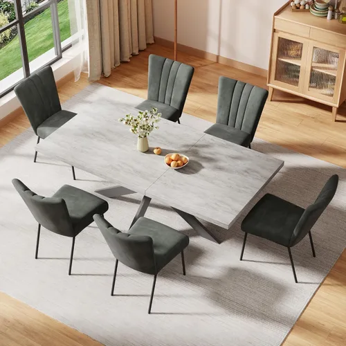 Vista 2 de ZckyCine Juego de mesa de comedor extensible de 6 piezas, moderna mesa de madera gris de 63 a 79 pulgadas con 6 sillas de tela gris, mesa de comedor