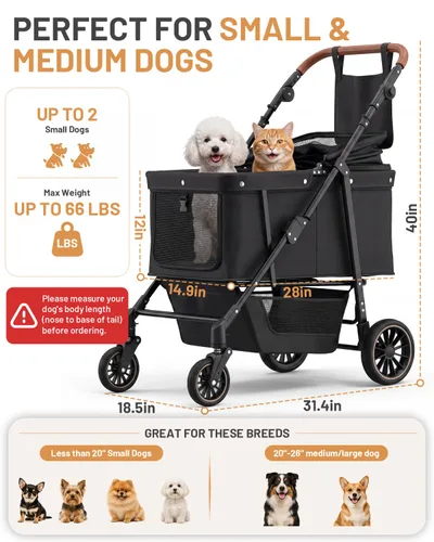 Vista 2 de Cochecito para perros medianos de hasta 66 libras, se adapta a perros grandes seleccionados, cochecito para mascotas para 2 perros pequeños con asa