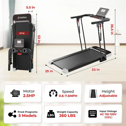 Vista 4 de SubSun Foldable Treadmill for Home, Portable Walking Pad with Handle, Manuall/Auto/No Incline, 2.5HP Treadmill with 265 Lbs, Black/White