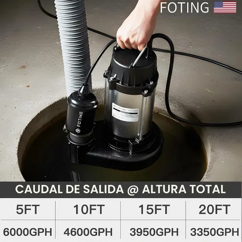 Vista 3 de FOTING 1HP 6000GPH Bomba de sumidero sumergible de aguas residuales/efluentes, bomba séptica de hierro fundido resistente, Bombas de sumidero