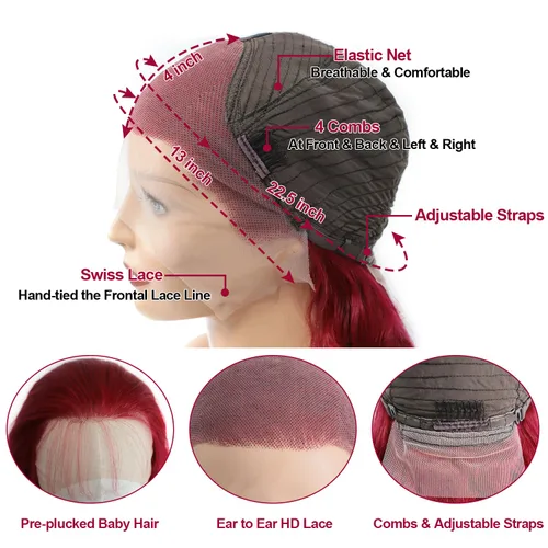 Vista 3 de 99J - Pelucas de encaje frontal de color burdeos con cabello humano 200 de densidad, peluca de encaje HD sin pegamento 13X4, pelucas de encaje 99J